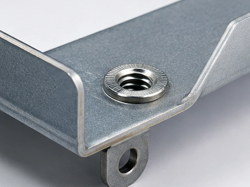 Clinch nut pressed into a folded sheet metal bracket
