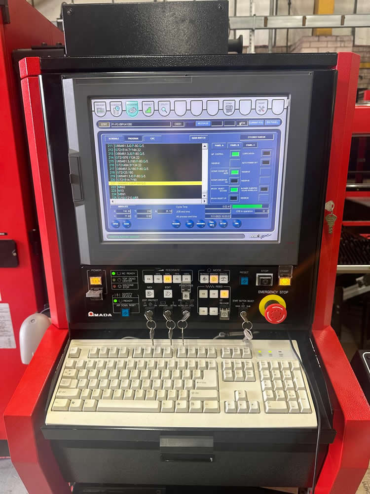 Amada EMZ 3510 control panel — CNC punch program running at Bolton Sheetmetal
